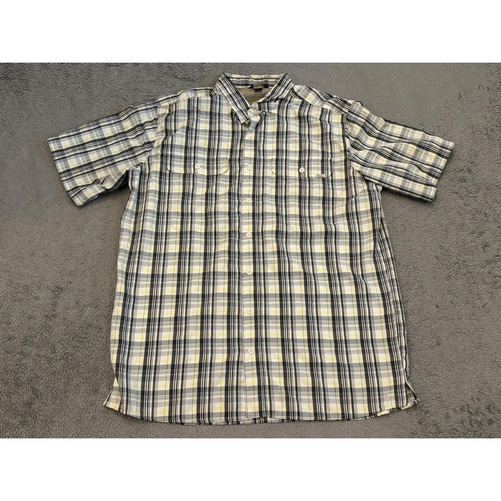 Eddie Bauer Travex Shirt Mens TL Vented Short Sleeve Button Yellow Plaid Outdoor